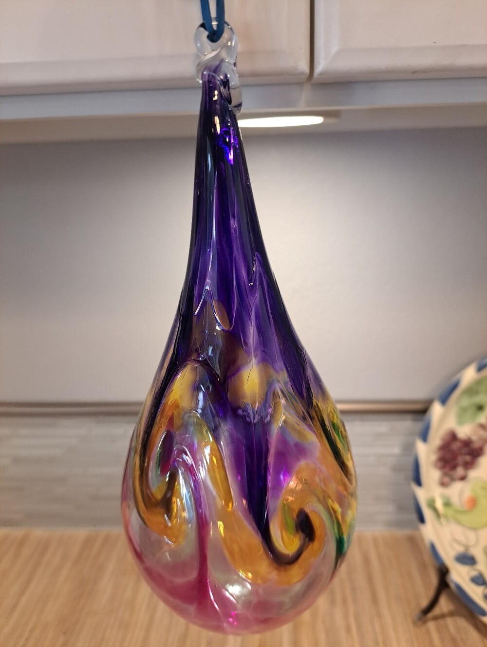 Studio Art Glass Teardrop Christmas Ornament Multicolor Swirl Hand Blown 9"